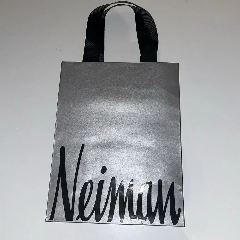 Neiman Marcus Empty Paper Grey Silver Shopping Bag Black Handles 9 x 7 x 4